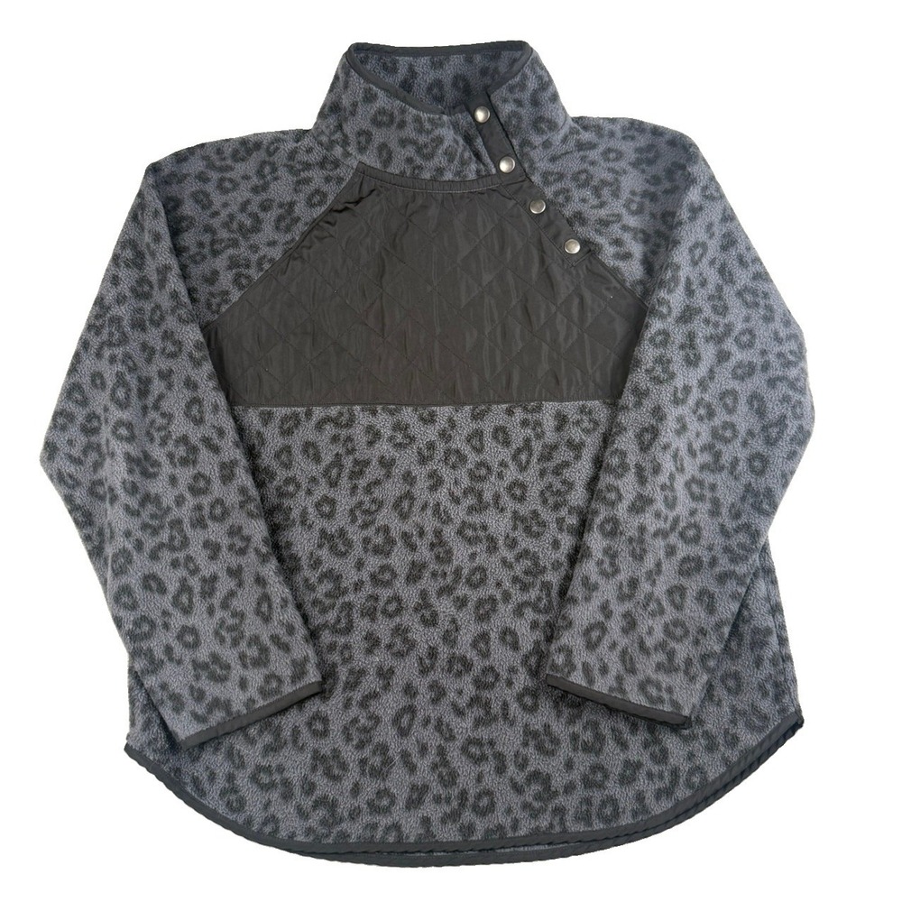 J Crew Fleece Pullover Womens L Gray Leopard Print Snap Neck Quilted Jacket